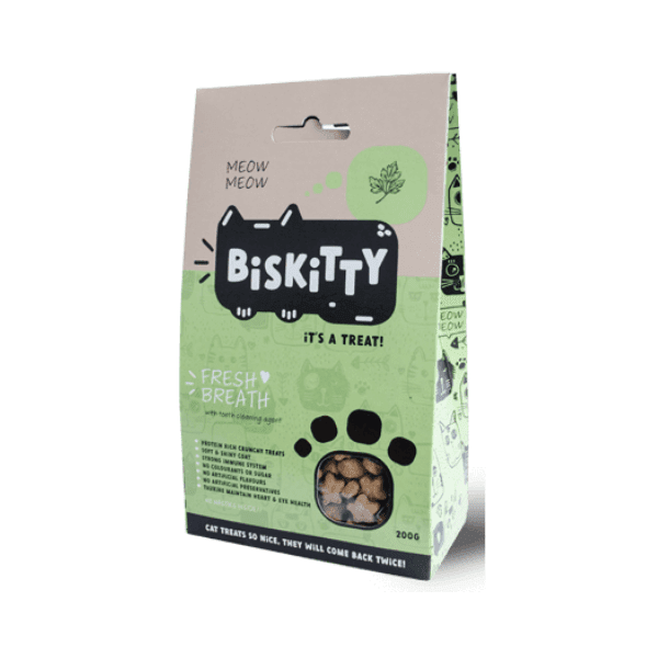 SHOP BY CATEGORY - 02 CATS - KIMVET ONLINE STORE - CAT PRODUCTS - Vetshop Near Me - cats treats - fresh breath treats 200g - biskitty